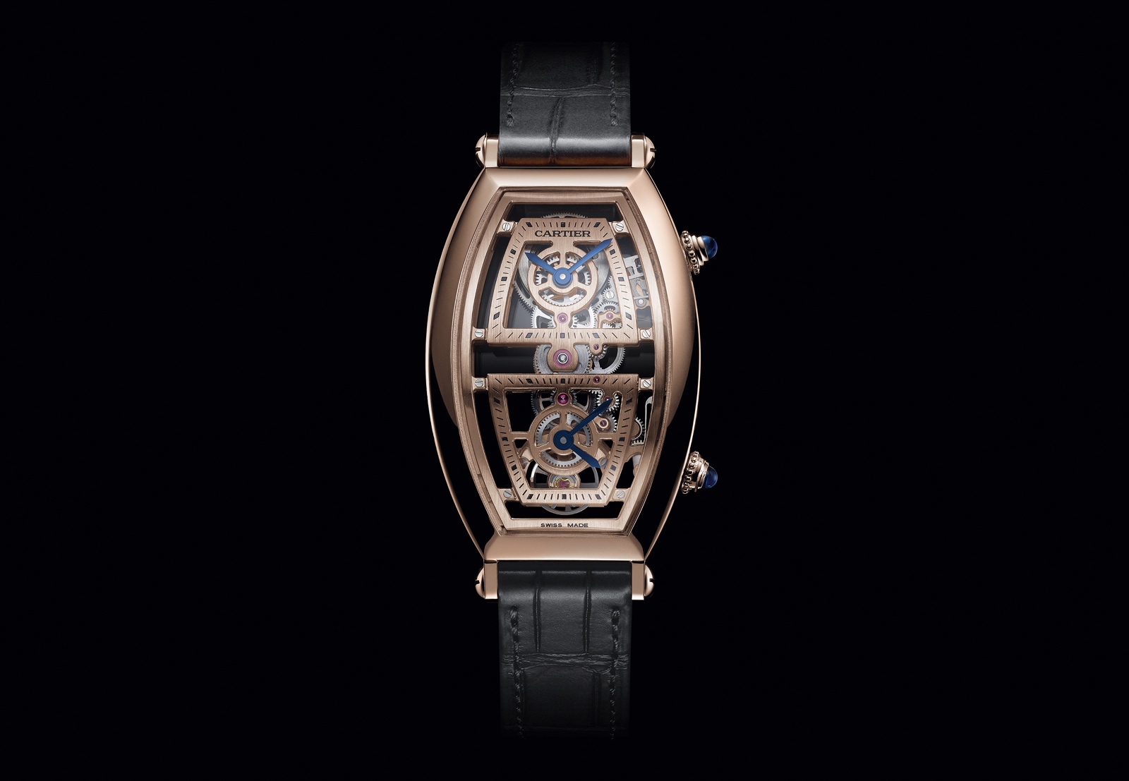 Copie Cartier Privé Tonneau Skeleton Dual Time Zone Or Rose MC